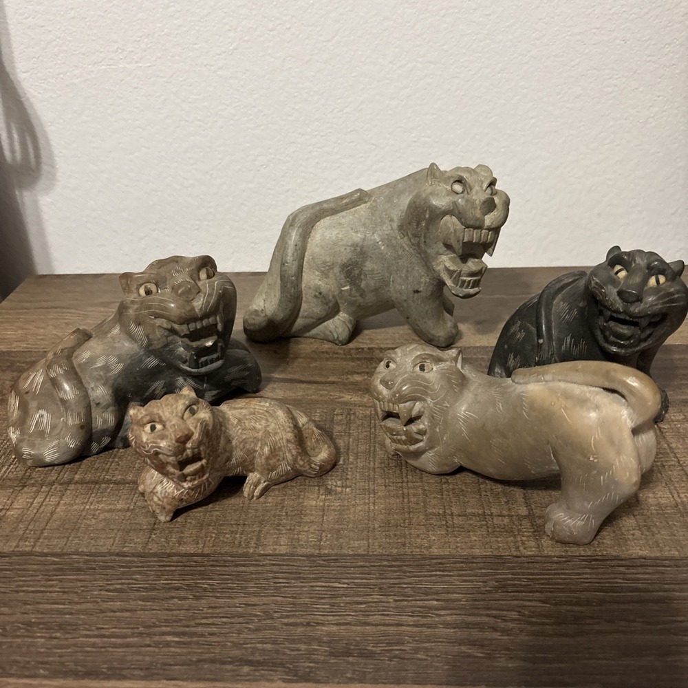 Vintage Asian Stone Carved Cat/Tiger Figurines. Lot Of 5